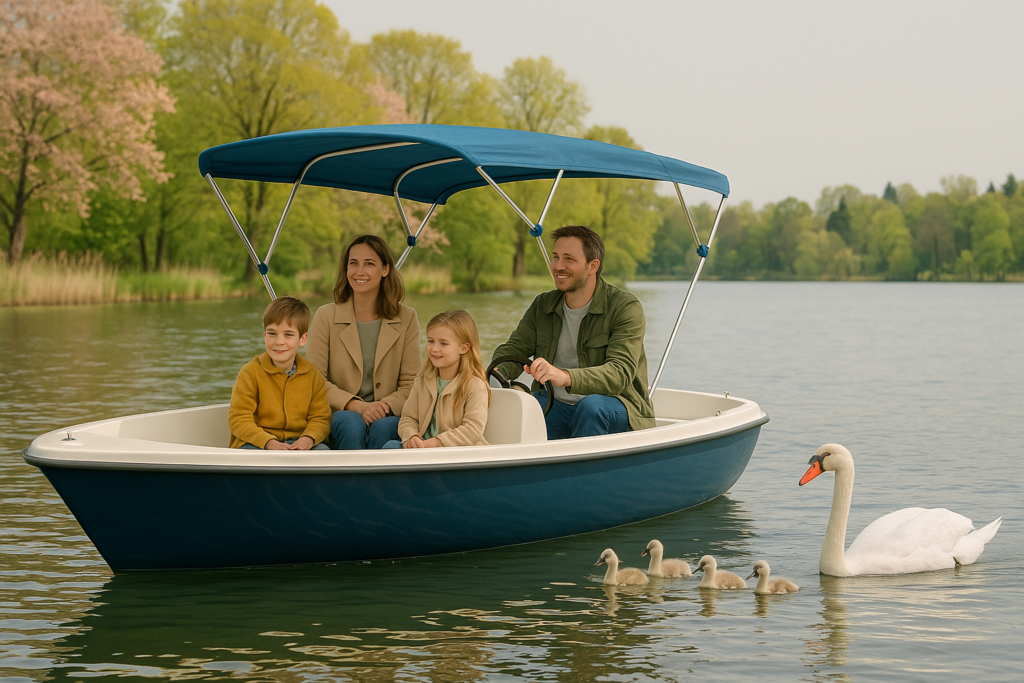 Eine Familie mit zwei Kindern fährt im Frühling auf einem vergrößerten Elektroboot über den Scharmützelsee. Alle tragen leichte Jacken. Im Boot steht ein Picknickkorb. Etwas entfernt schwimmt ein Schwanenpaar mit Jungtieren, die Kinder beobachten sie neugierig.